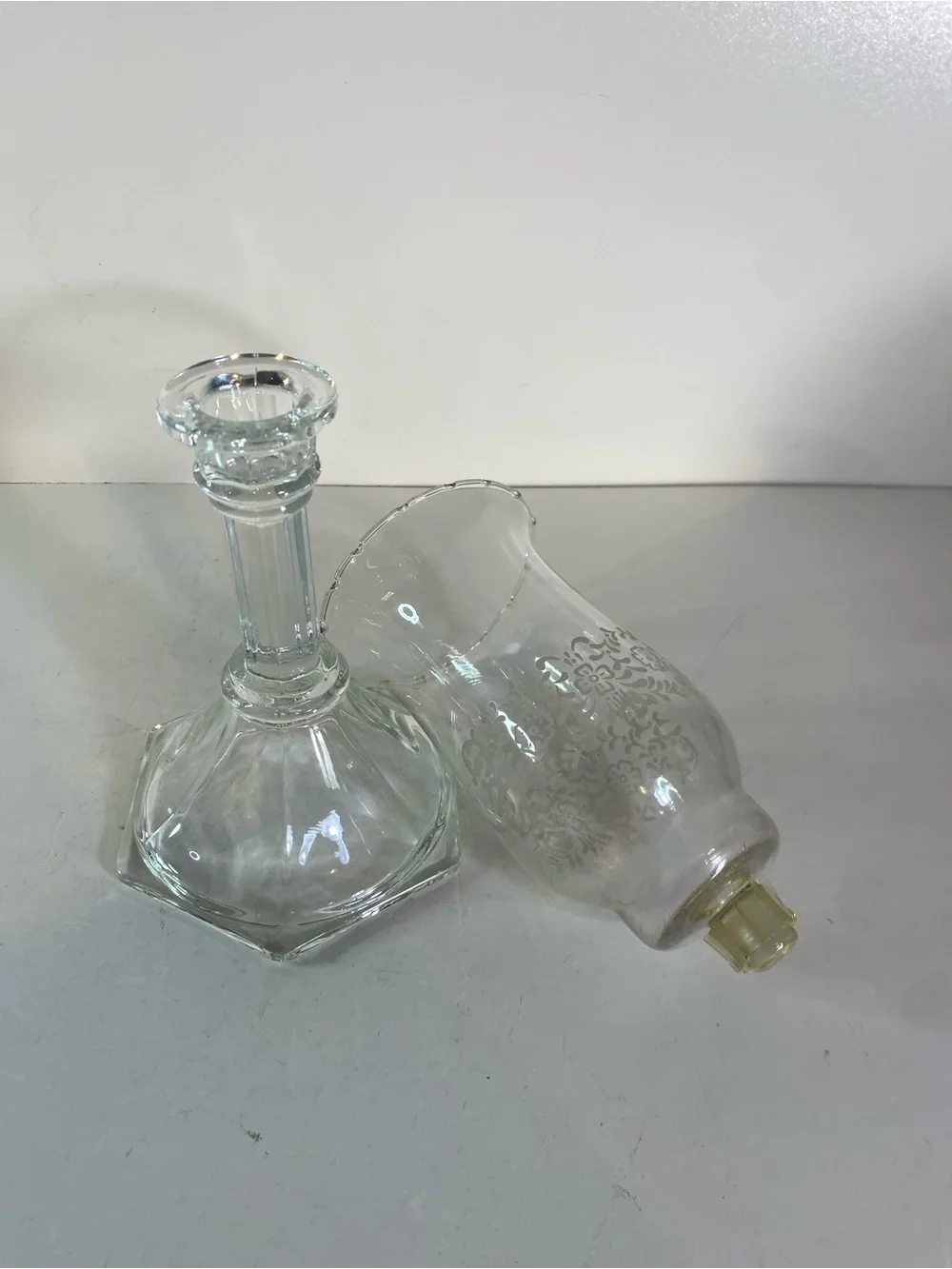Vintage 2 Piece Clear Glass Etched Floral Votive Cup Candle Holder 12” Height